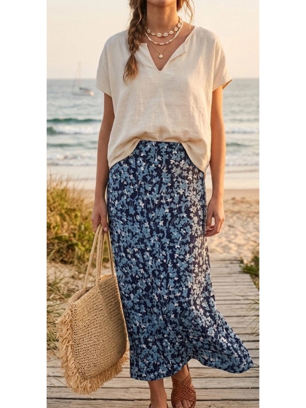Venezia Floral Navy & Light Blue Maxi Skirt - Breezy Summer Style 14/16 Plus